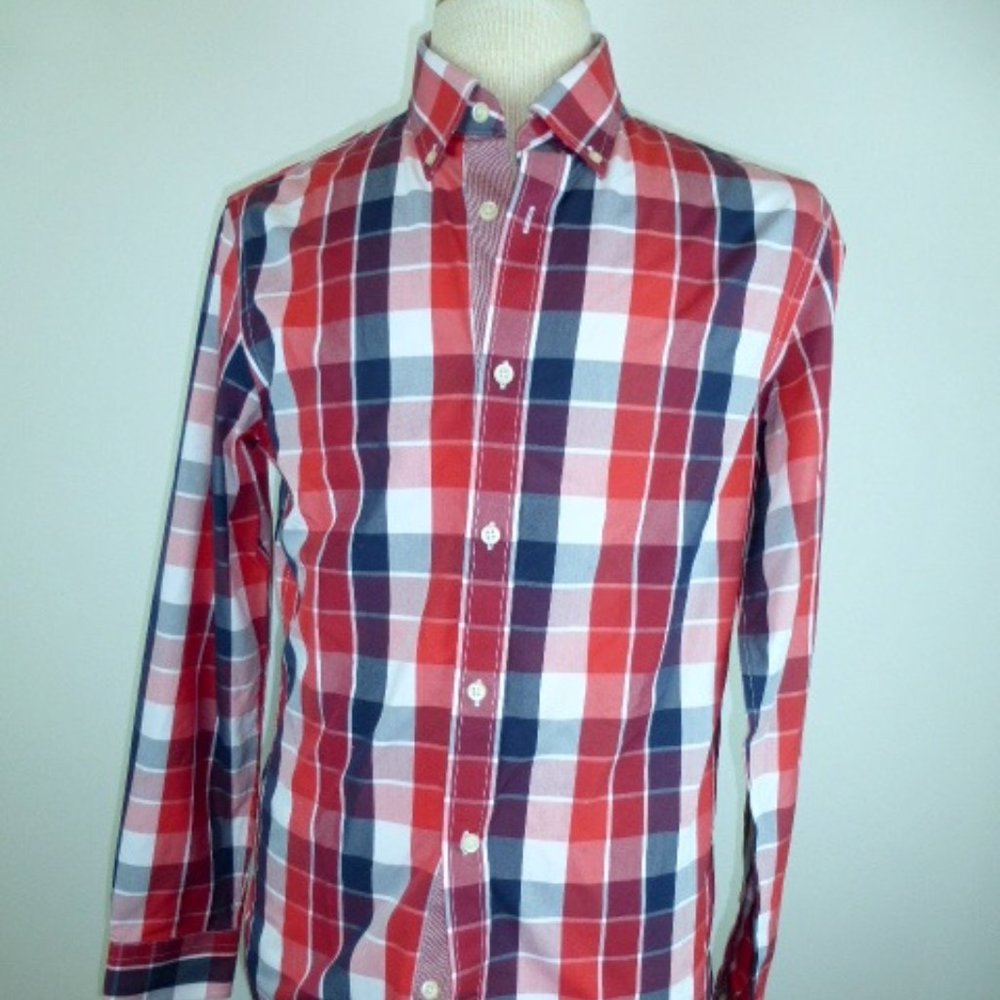 BANANA REPUBLIC red blue PLAID shirt  taiored slim fit button collar